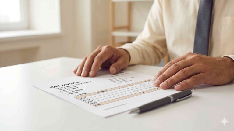 Indian businessman reviewing a GST tax invoice document showing mandatory fields including GSTIN, HSN code, and CGST SGST tax breakup